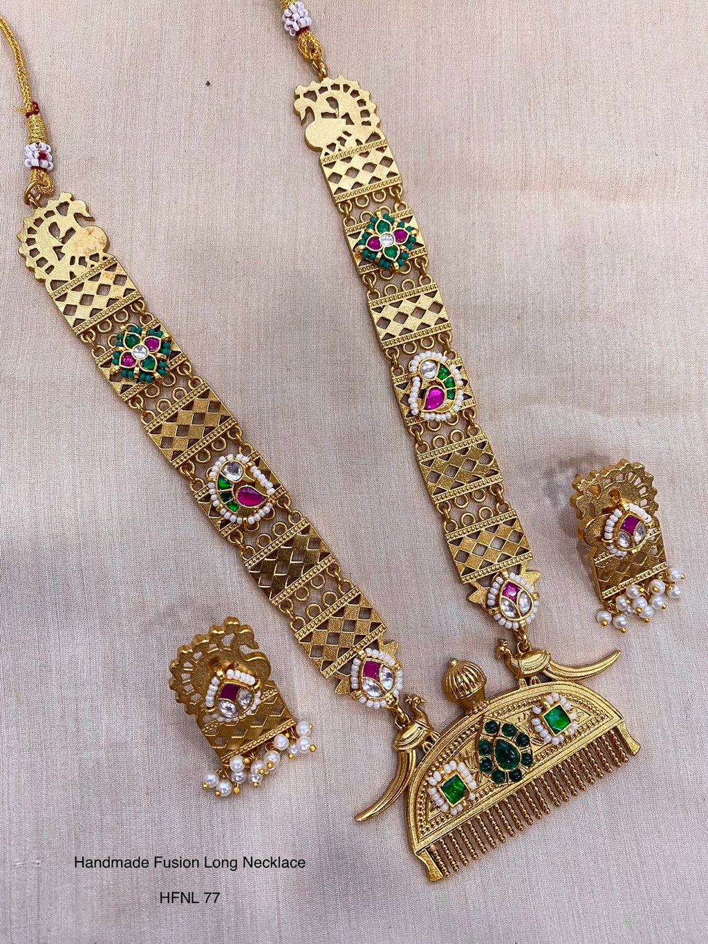 Handcrafted Gold Jadau Fusion Long Necklace