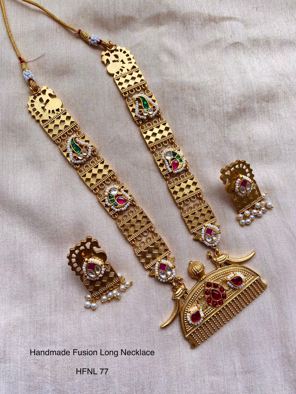 Handcrafted Gold Jadau Fusion Long Necklace