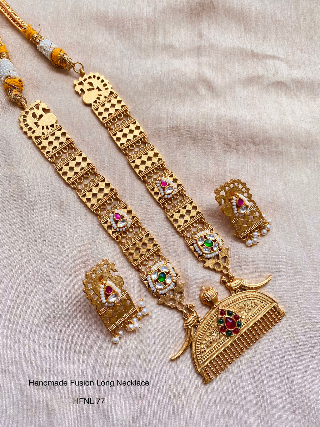Handcrafted Gold Jadau Fusion Long Necklace