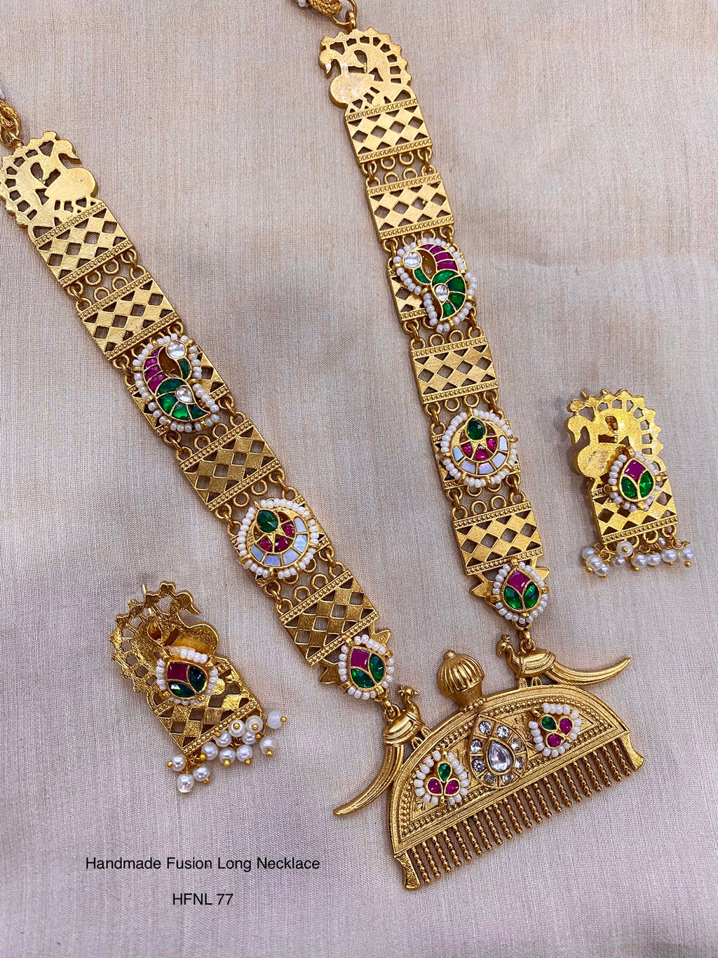 Handcrafted Gold Jadau Fusion Long Necklace